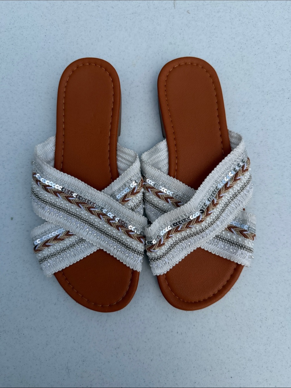 Beaded Crisscross Slide Sandals in White
